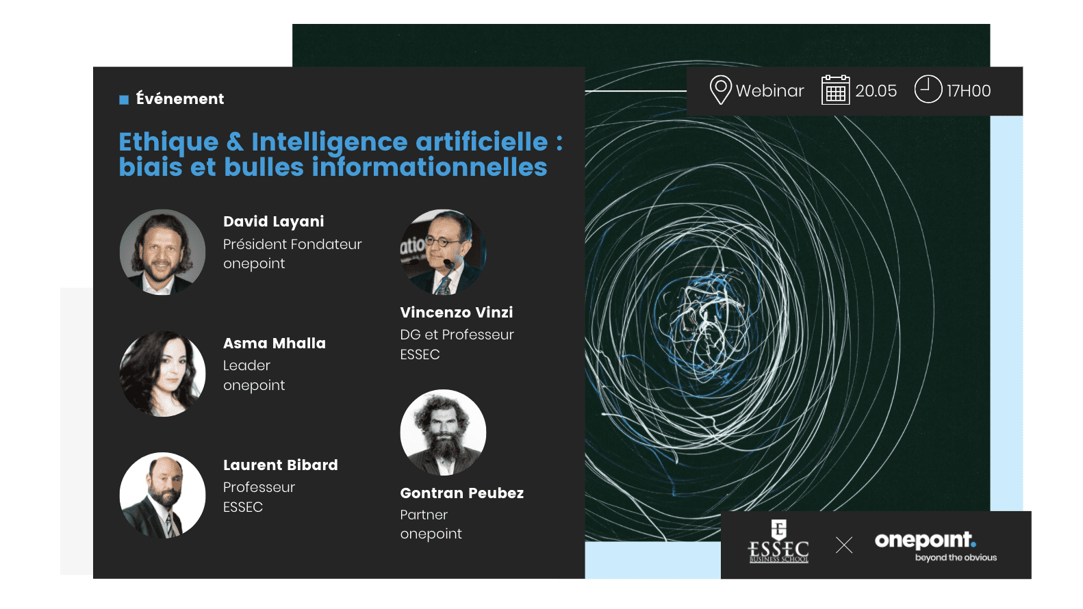 Visuel présentant l'événement inaugural du partenariat stratégique de onepoint avec le Metalab de l'ESSEC sur la dimension éthique et intelligence artificielle, du 20 mai 2021