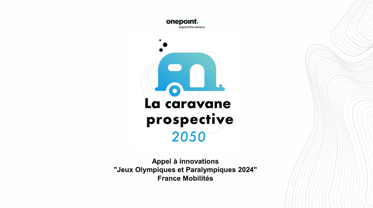 Dessin de la caravane prospective 2050 en bleu accompagné de la légende suivante : La caravane prospective 2050, Appel à innovations "Jeux olympiques et paralympiques 2050