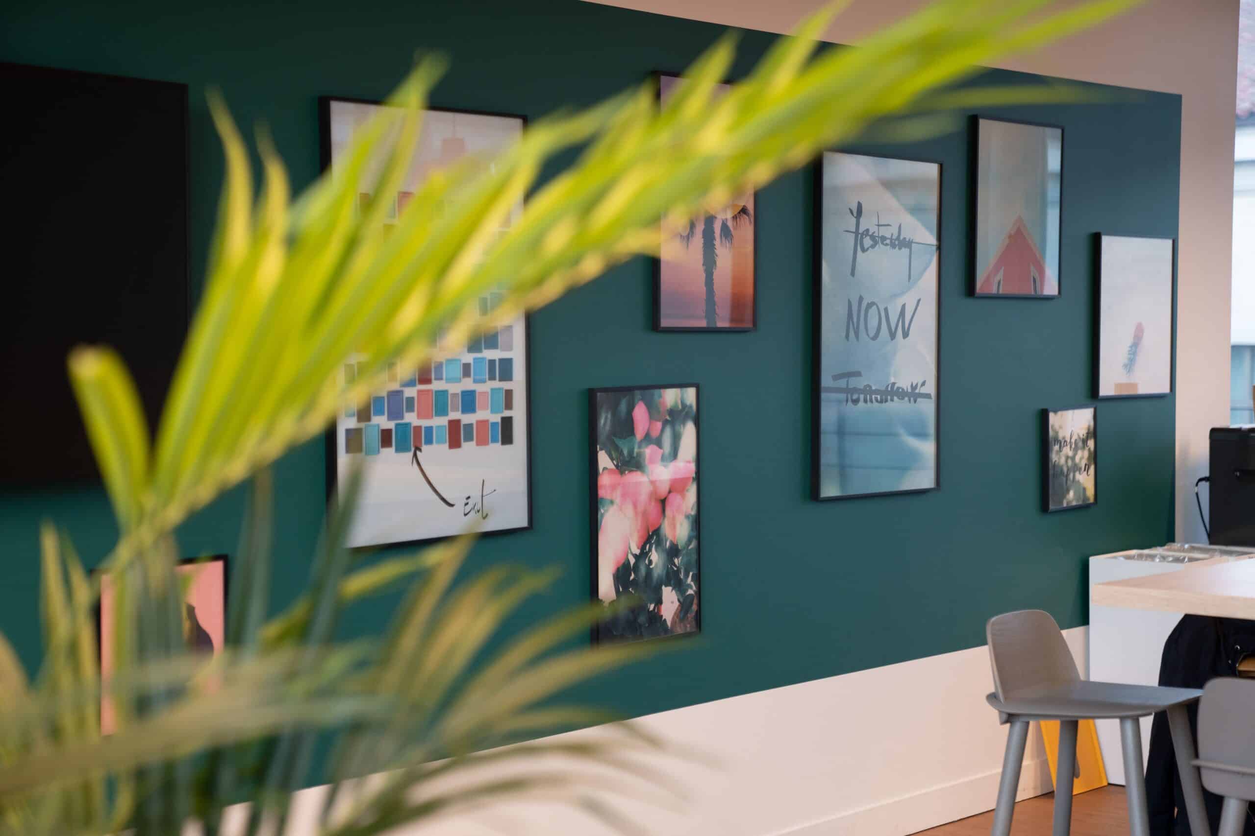 photo d'un mur vert des locaux avec plusieurs cadres et en premier plan, une plante.