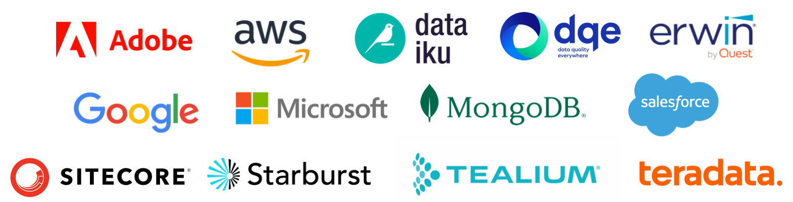 Logos partenaires data & IA summit 2024 (Adobe, AWS, Dataiku, dqe, Erwin by quest, Google, Microsoft, MongoDB, Salesforce, Sitecore, Starburst, Tealium et Teradata)