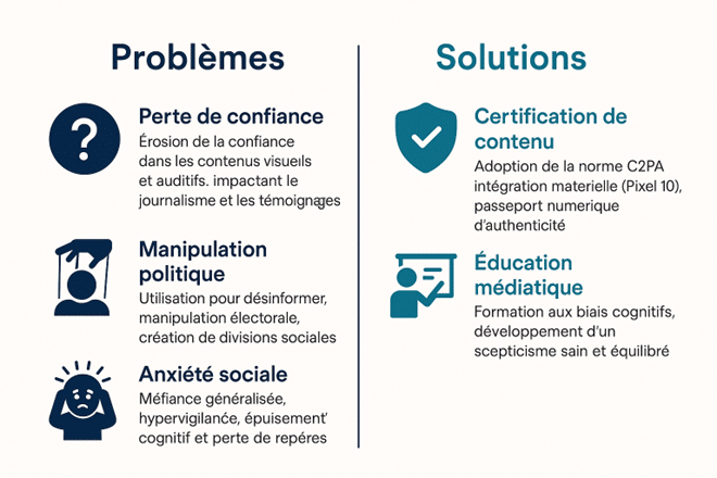 Figure 4 : Cartographie des impacts sociétaux des deepfakes et réponses adaptées. Mise en parallèle des principales menaces (désinformation politique, fraudes financières, crise de confiance) avec les solutions émergentes (éducation citoyenne, innovation technologique, cadres légaux).
