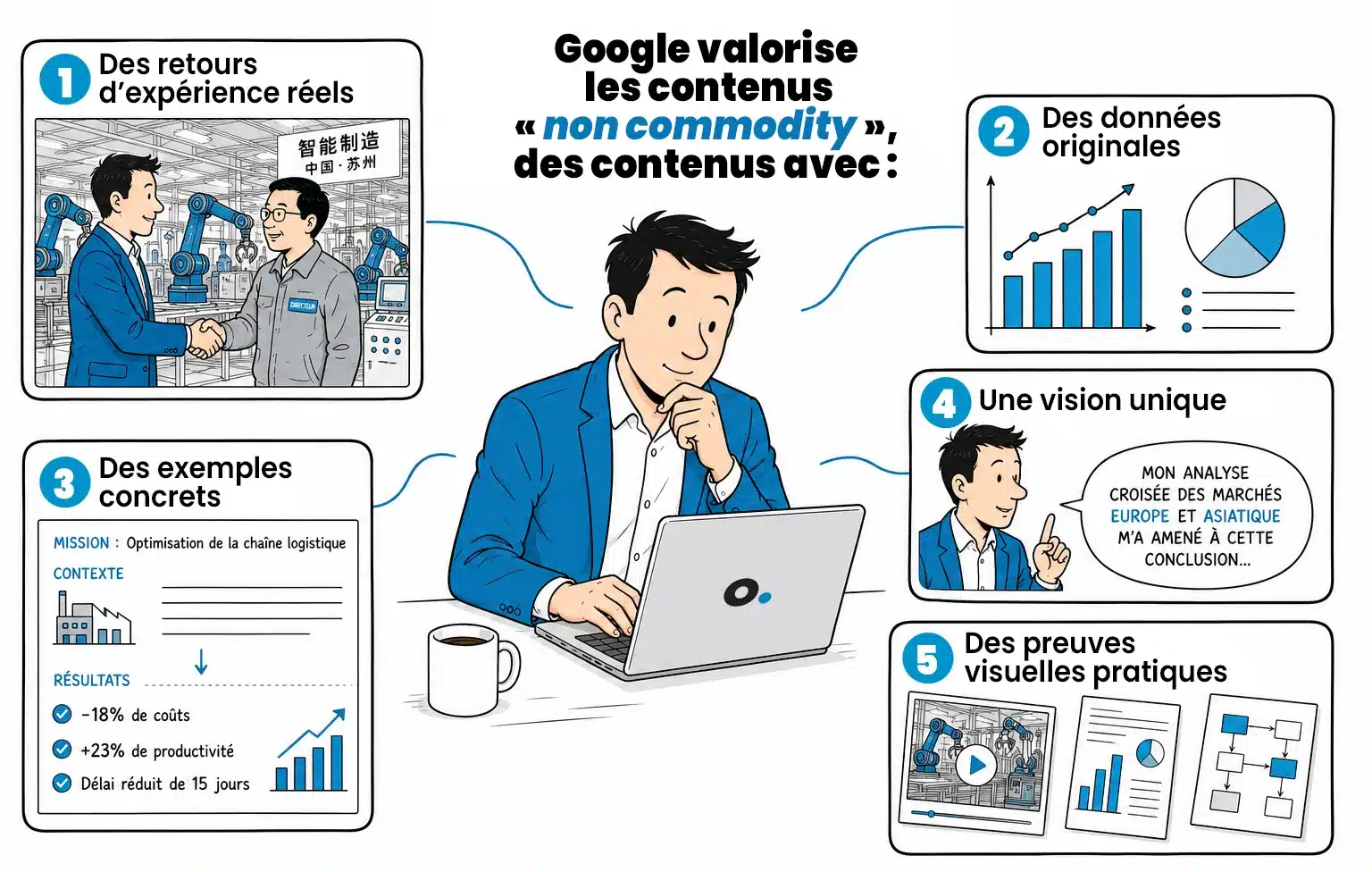 En 2026, Google accentue encore sa préférence pour les contenus “E-E-A-T” : expérience vécue, expertise démontrée, données originales et points de vue réellement différenciants.